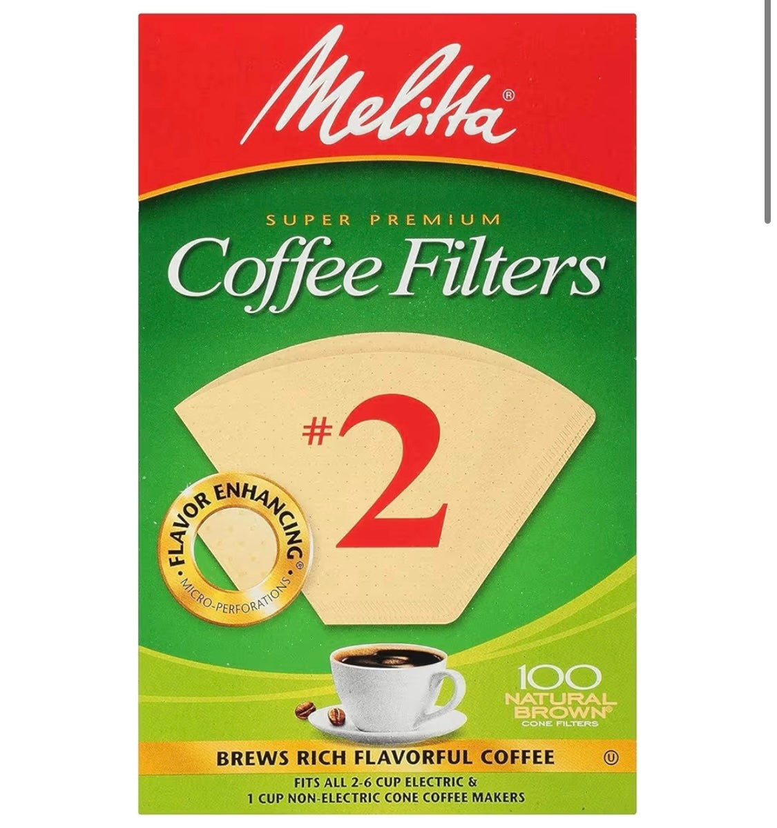 Melitta Cone Coffee Filter #2 100 Count- Natural Brown