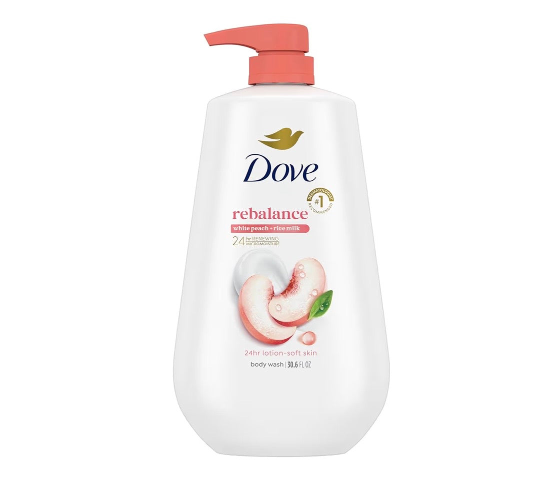 Dove Body Wash Rebalance White Peach & Rice Milk For 24hr Lotion-Soft Skin Moisturizing Skin Cleanser with No Sulfates No Parabens 30.6 oz