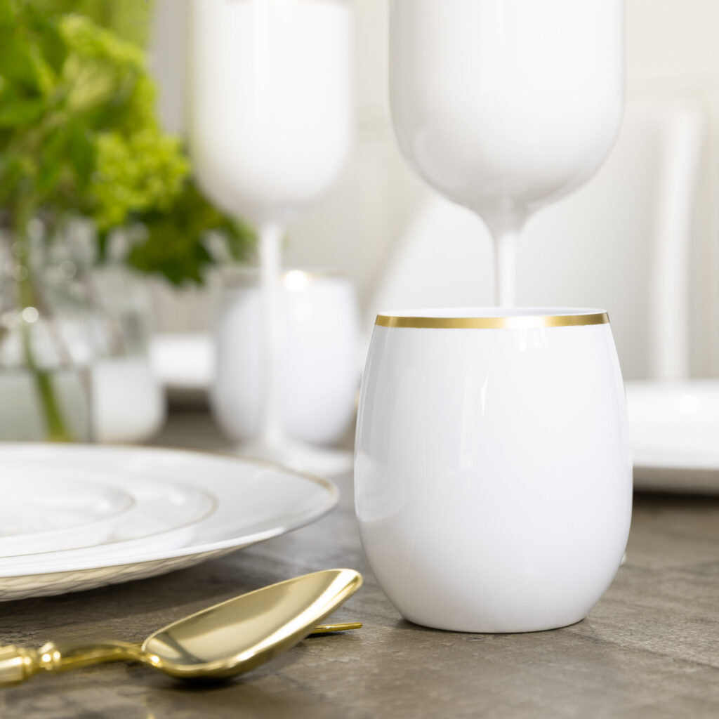 Stemless Goblets 12 oz White Gold Rim