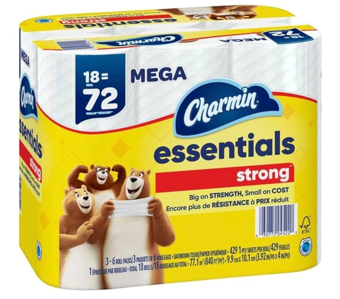 Charmin essentials strong toilet paper, 18=72 1PLY