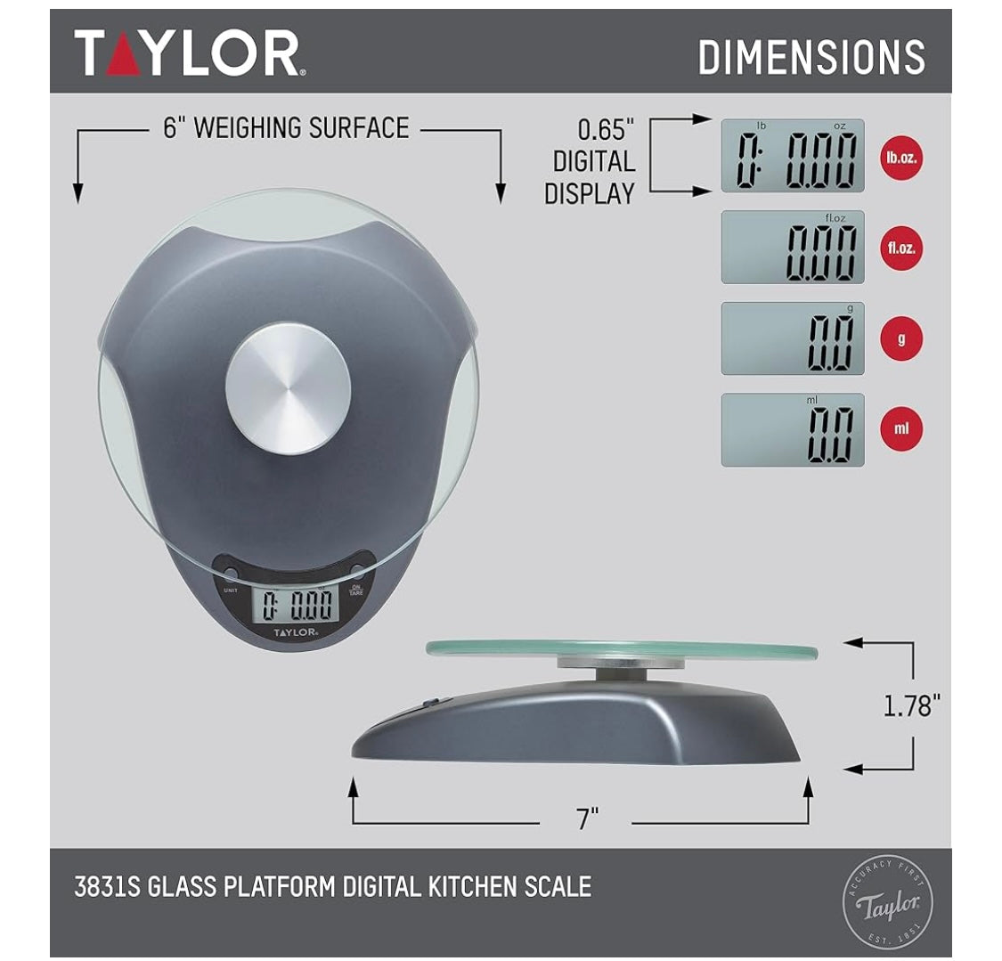 Taylor Digital Kitchen Scale with Glass Platform, Tare Button, and Plastic Body Weighs up to 11 Pounds Capacity, Silver
