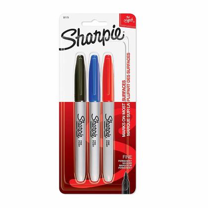 SHARPIE Permanent Marker Set: Assorted, Black/Blue/Red, Capped, Fine, Permanent Ink, Std, 3 PK