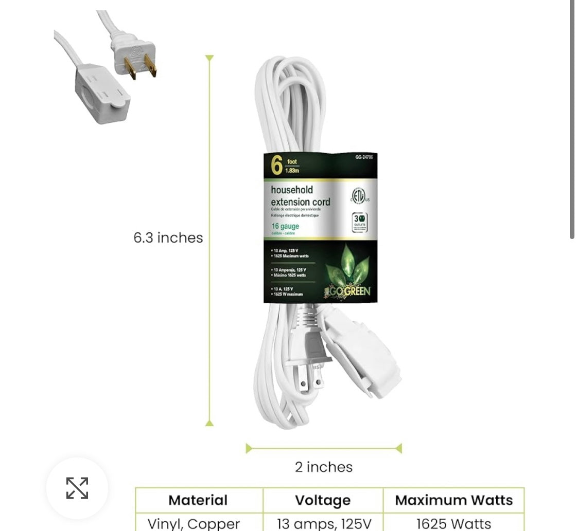 6ft White Extension Cord