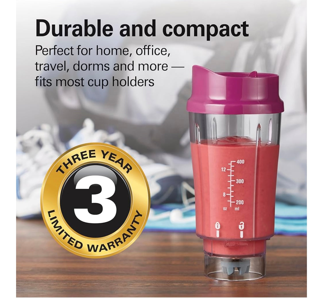 Hamilton Beach Portable Blender for Shakes and Smoothies with 14 Oz BPA Free Travel Cup and Lid, Durable Stainless Steel Blades for Powerful Blending Performance, Raspberry
