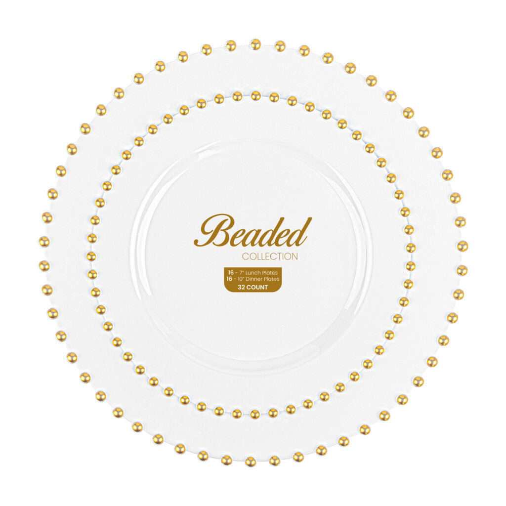 Beaded Collection Combo White/Gold 7″ & 10″ Plates (32 Count)