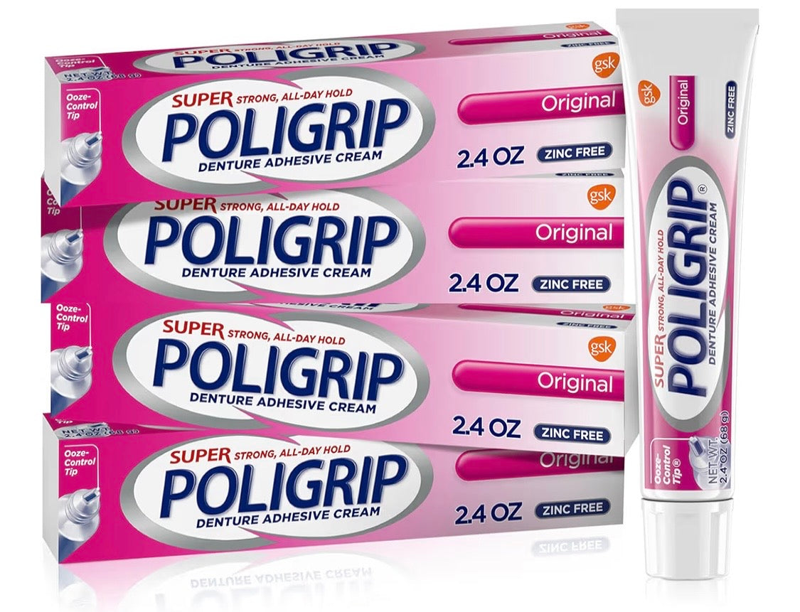 Super Poligrip Original Denture Adhesive Cream, Zinc Free Denture Cream for Dentures - 2.4 Ounces