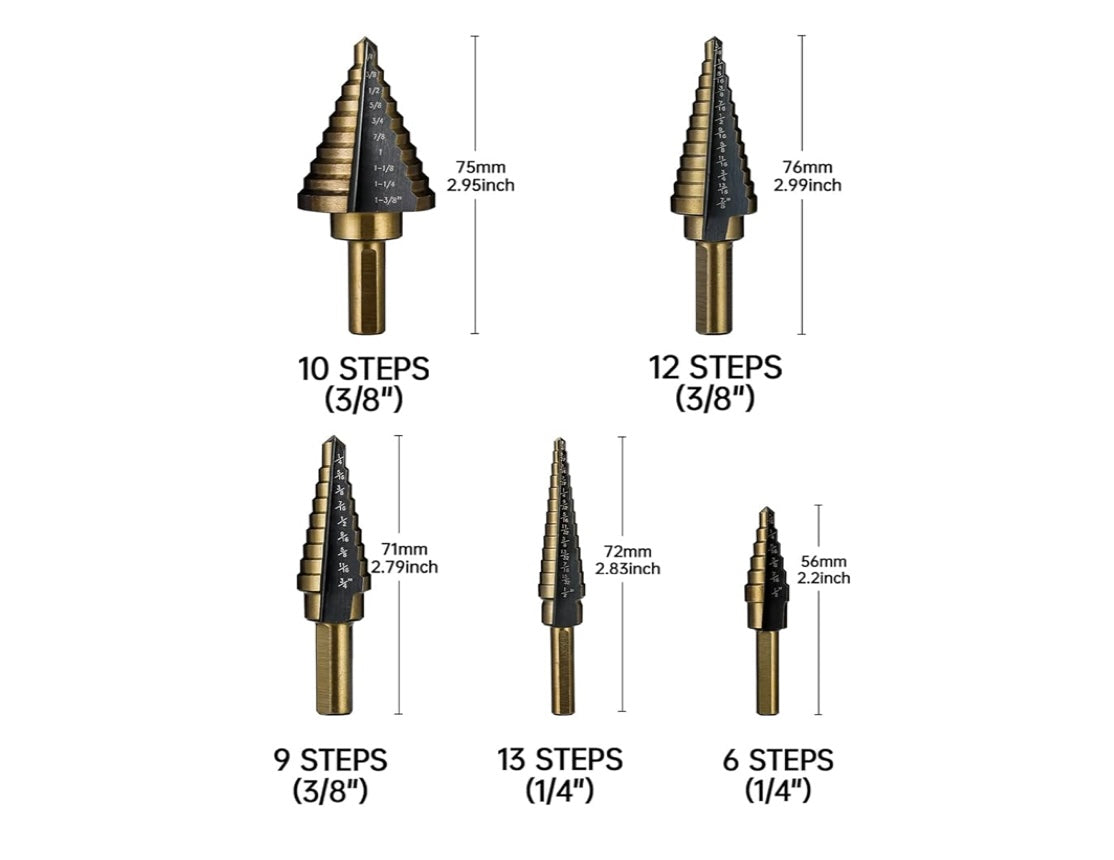 Step Drill Bits, 5PCS HSS Titanium Step Drill Bit Set, 50 Sizes High Speed Steel Step Bits for Metal with Aluminum Case