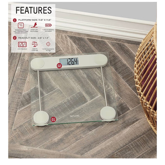 Taylor Digital Scale for Body Weight, Highly Accurate Digital Bathroom Scale Large Backlight LCD Readout Display, 330 Pounds Capacity, Clear Glass Platform with Stainless Steel Accents