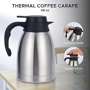 Dolcetti 68 oz (2L) Thermal Coffee Carafe Airpot Dispenser with Pump | Double Wall Stainless Steel Insulated Server for Hot or Cold Beverages | Ideal for Parties, Events and Office Use