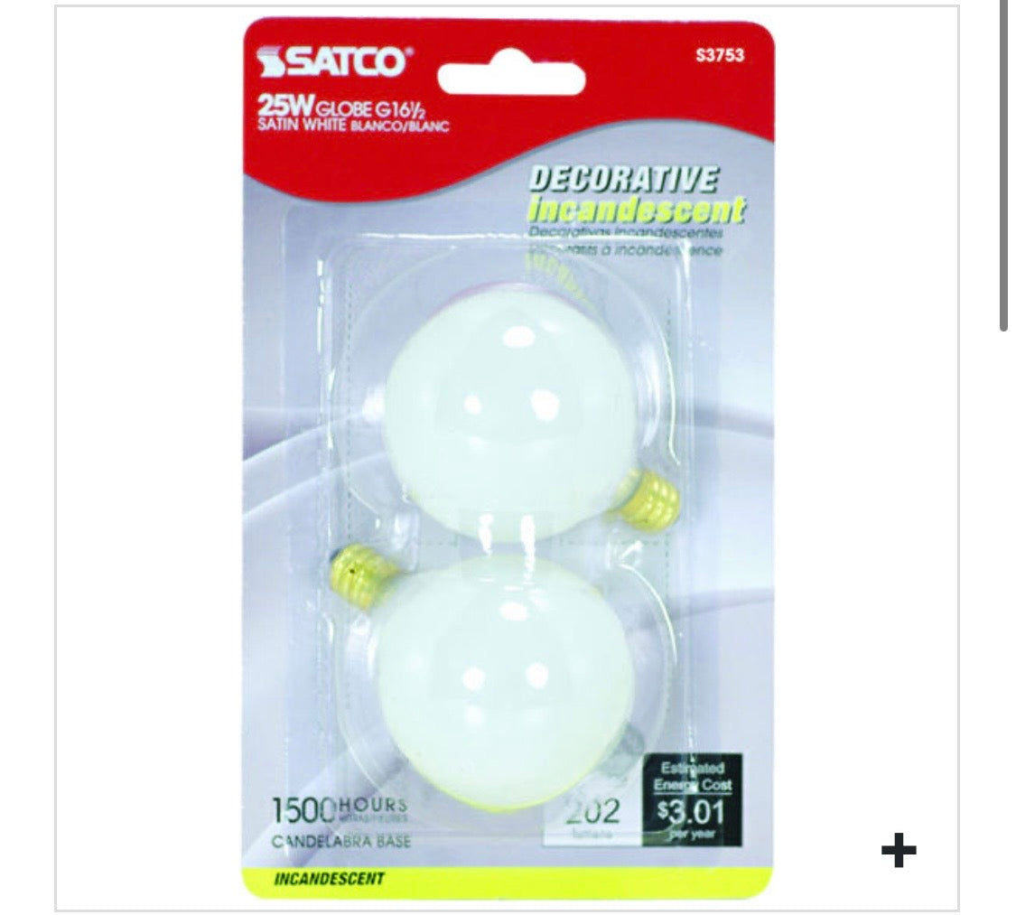 G16 1/2-GLOBE-CAND BASE-WT.2pk 25 watt