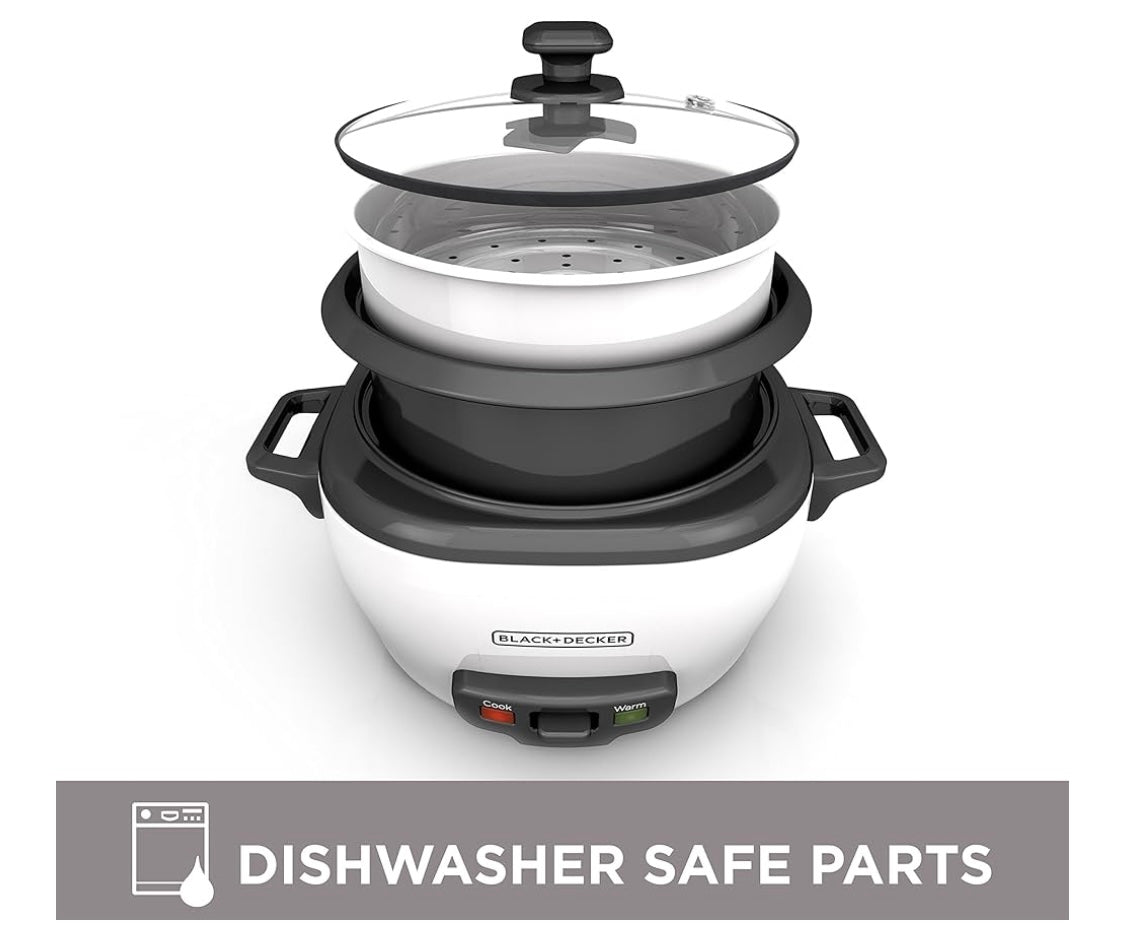 BLACK+DECKER 6-Cup Rice Cooker, RC506, 3-cup Uncooked Rice, Steaming Basket, Removable Non-Stick Bowl, One Touch