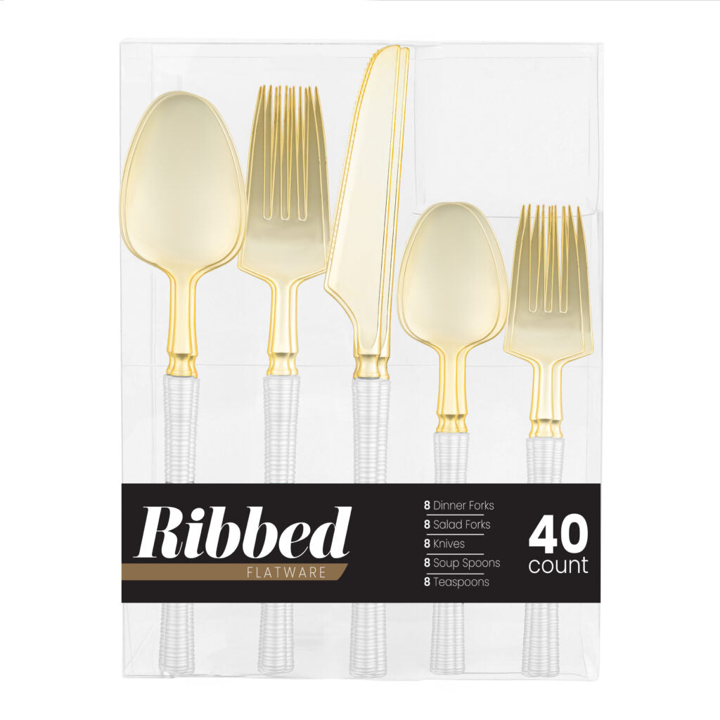 Ribbed Flatware Combo Pearl/Gold (40 Count)