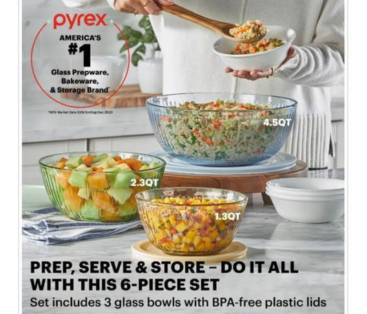 PYREX-6 PC. MIXING BOWL SET w/ LIDS TINTED & SCULPTURED