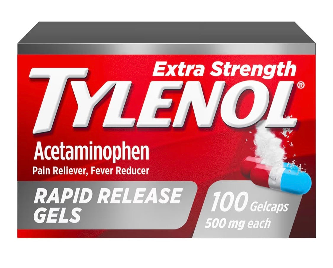 Tylenol Extra Strength Acetaminophen Rapid Release Gels, Pain Reliever & Fever Reducer, Gelcaps with Laser-Drilled Holes for Fast Release, Gentle on Stomach, 500 mg Per Gelcap, 100 Count OTC Medicine