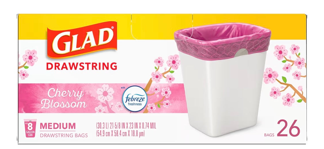 Glad OdorShield Medium Trash Bags, 8 Gal, Febreze Cherry Blossom, 26 Ct (Package May Vary)