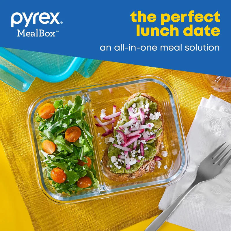 Pyrex® MealBox™ 4-cup Divided Glass Food Storage Container with Turquoise Lid