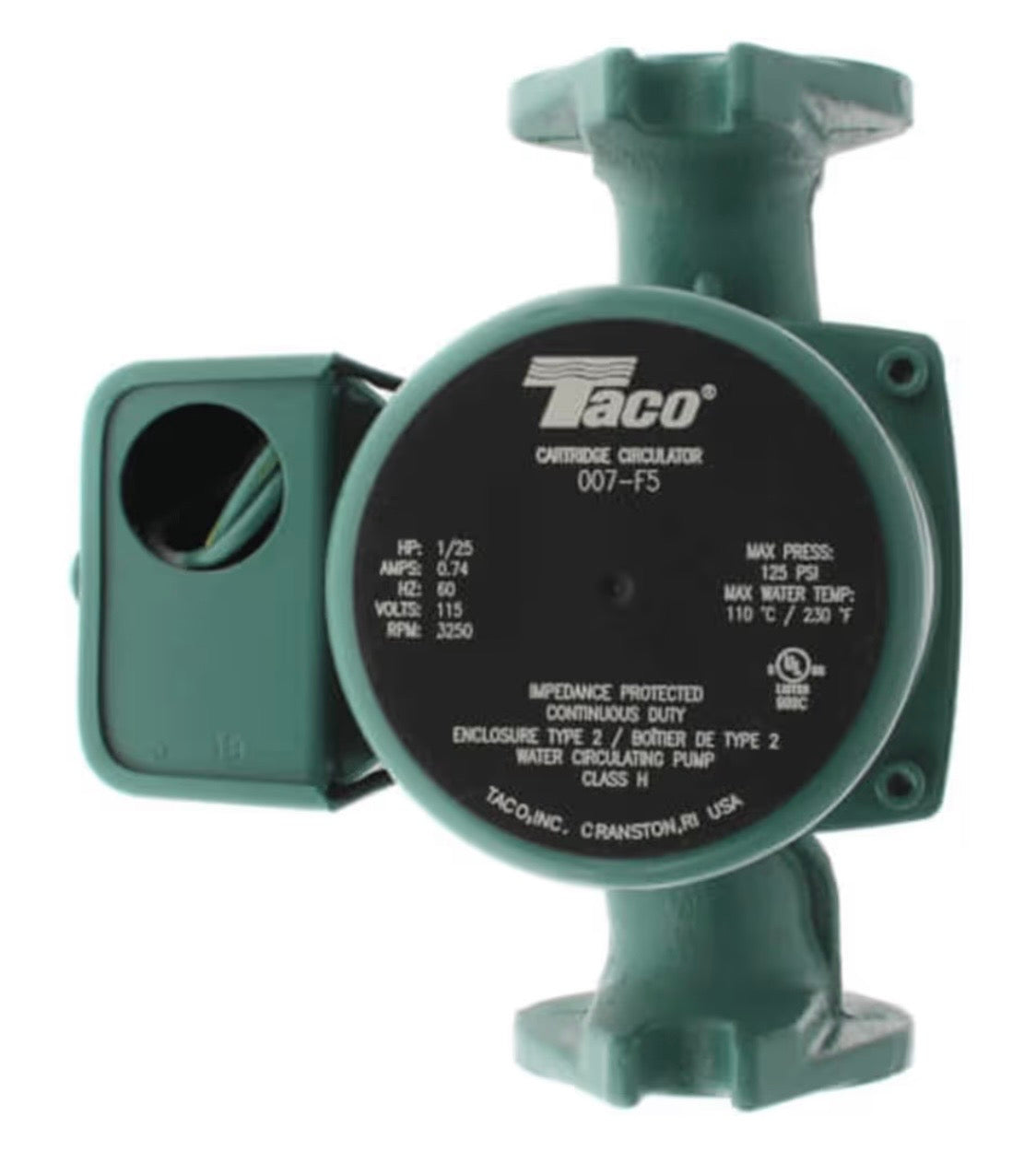 Taco 007-F5 Cast Iron Circulator, 1/25 HP Pump with Universal Pump Flange Gaskets and Wire Gland, Green