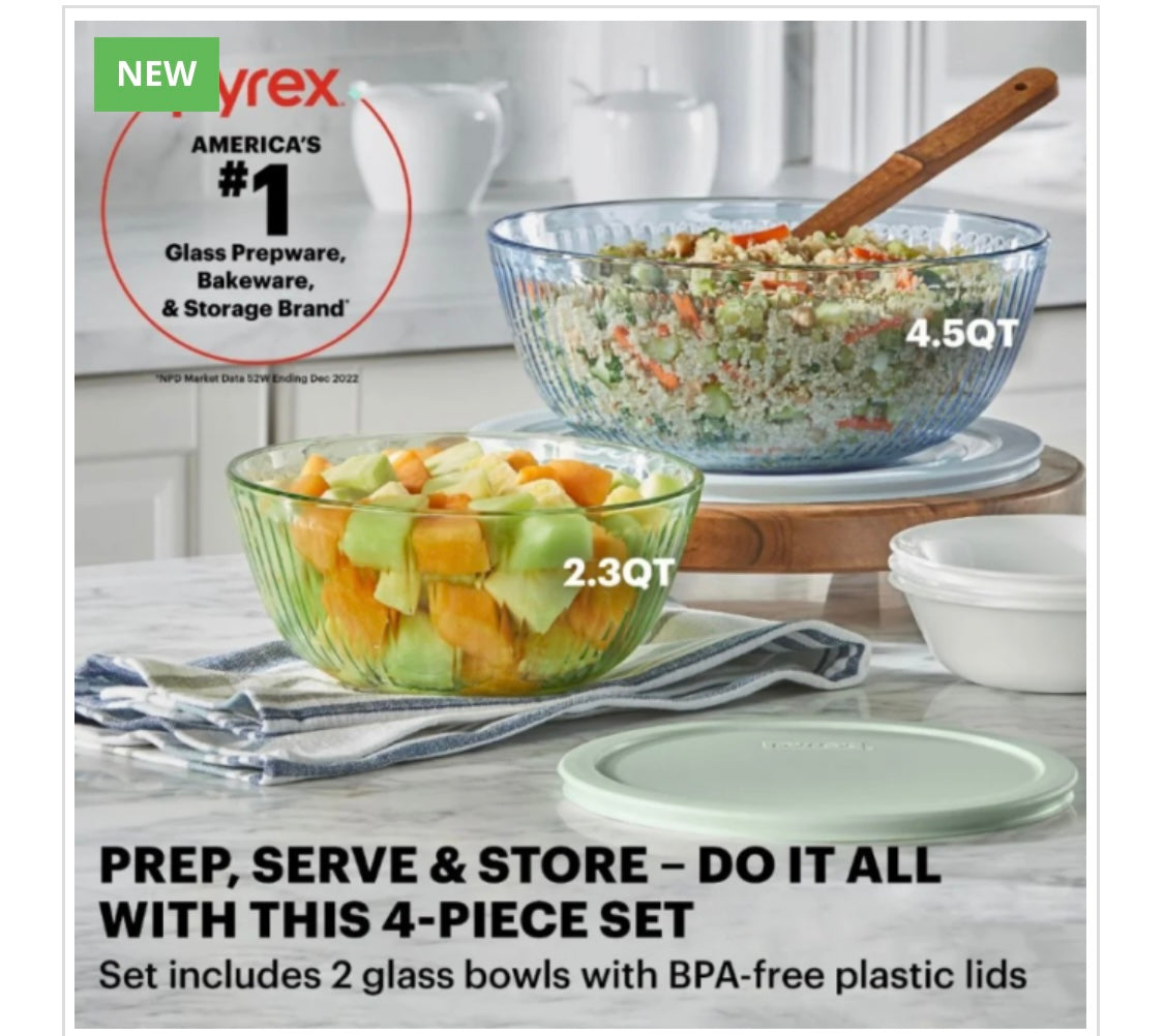PYREX-4 PC.COVERD TINTED MIXIN G BOWLS 2.3 QT and 4.5 QT