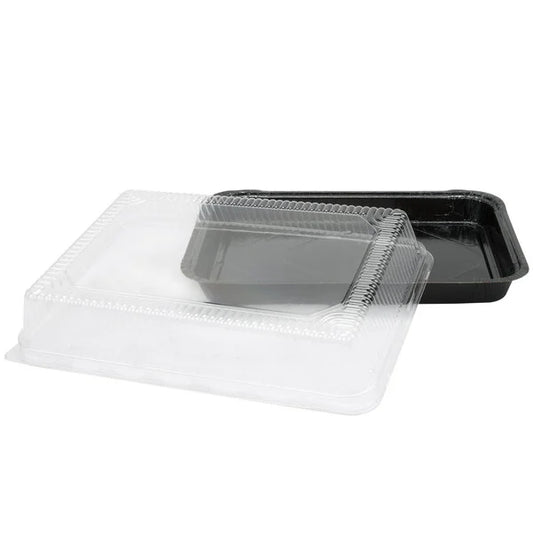Solut 9" x 13" Bake and Show Black Quarter Size Oven Safe Paperboard Sheet Pan and Clear Dome Lid Combo Kit