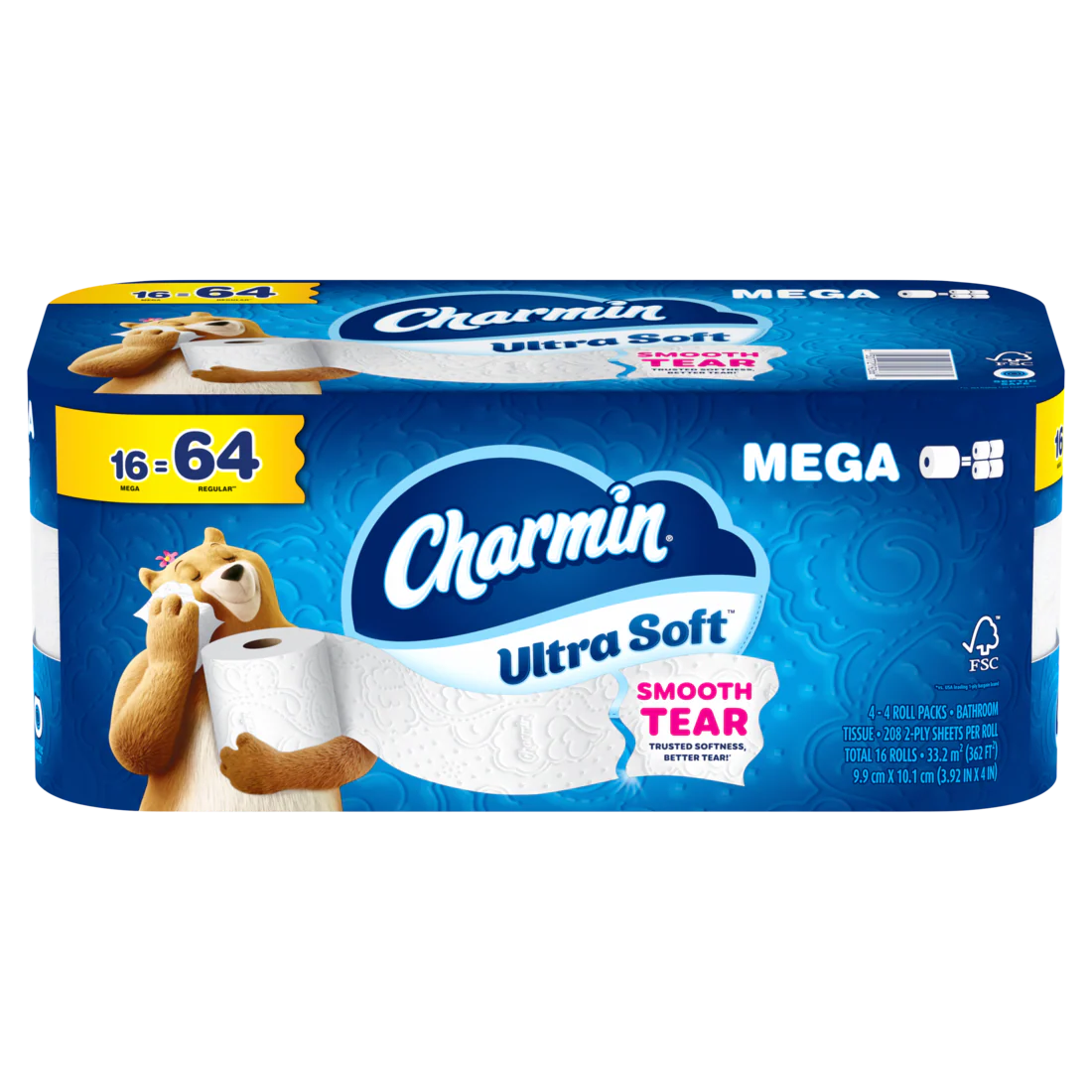 Charmin Toilet Paper Ultra Soft 2-ply Bath Tissue Mega Rolls 208 sheets per roll - 4x4pk - 16ct/1pk