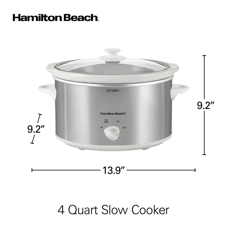 Hamilton Beach 4 Qt Slow Cooker, Stoneware Crock with Removable Pot, White and Silver