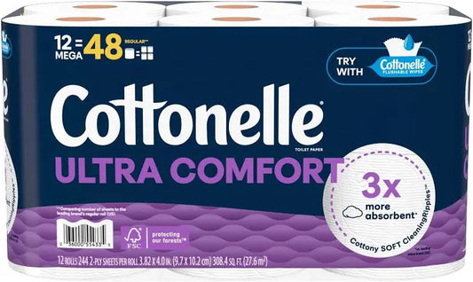 Cottonelle Ultra Soft Toilet Paper, Strong Toilet Tissue, 12 Mega Rolls 12=48