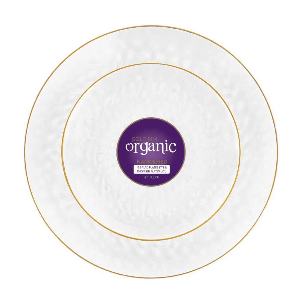 Organic Hammered Clear Gold Rim Combo 7″ & 10″ Plates (32 Count)