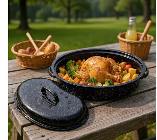 15 “ Oval Roasting Pan With Lid Small Chicken Roaster With 13.7in Inner Diameter Enamel Steel Roasting