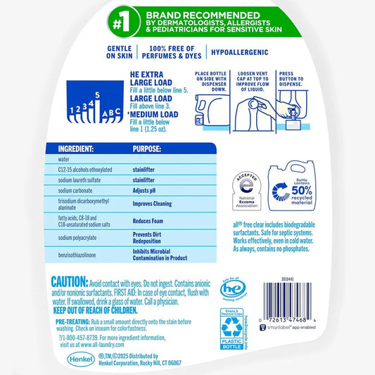 all Liquid Laundry Detergent Free Clear for Sensitive Skin 166 Loads - 208oz