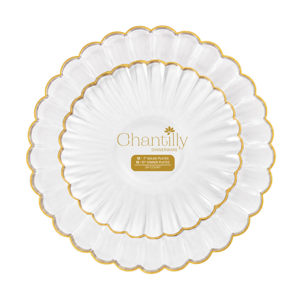 Chantilly Plates Combo Clear/Gold Rim 7″ & 10″ (24 Count)