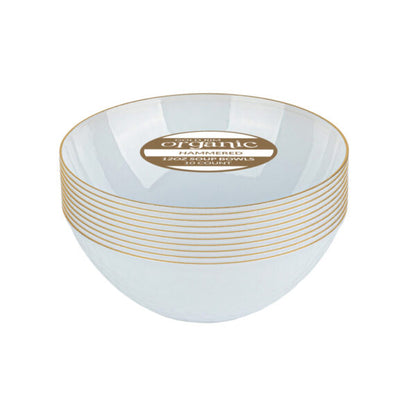 Hammered Bowls 12oz White Transparent/ Gold Rim (10 Count