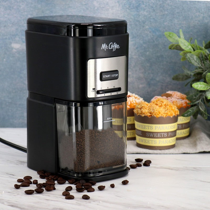 Mr. Coffee Automatic 12 Cup Burr Mill Coffee Grinder with 12 Custom Grinders, Black/Stainless Trim