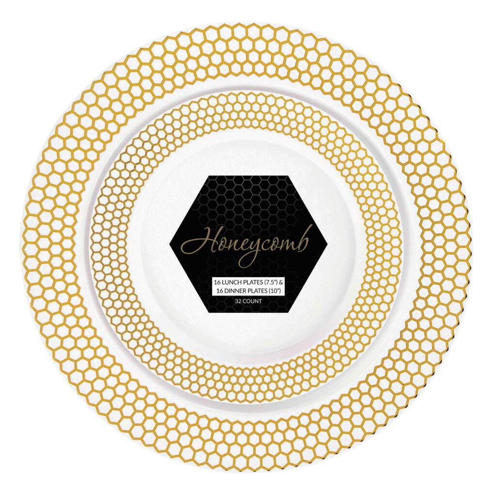 Honeycomb 7.5″ & 10″ Combo Plates White/Gold (32 Count)