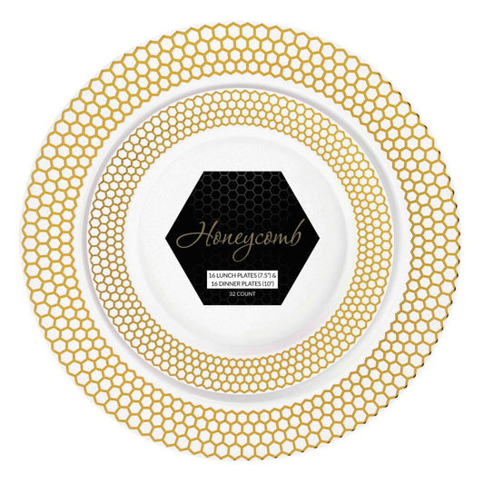 Honeycomb 7.5″ & 10″ Combo Plates White/Gold (32 Count)