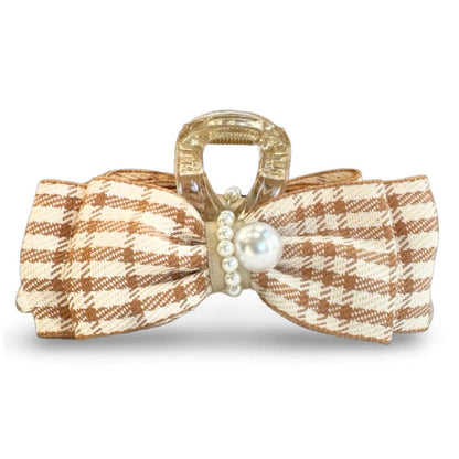 Large Pearl Hair Clip – Tan Checkered