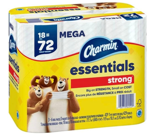 Charmin essentials strong toilet paper, ￼18=72 1PLY