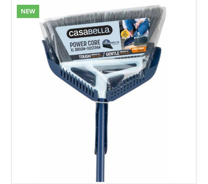 Casabella XL Power Core Broom 15" Brush Width + Dustpan w/ Integrated Scraper Rubber Lip 53" Length