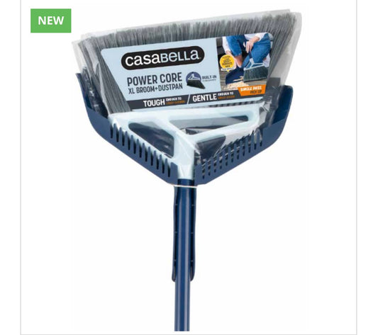 Casabella XL Power Core Broom 15" Brush Width + Dustpan w/ Integrated Scraper Rubber Lip 53" Length