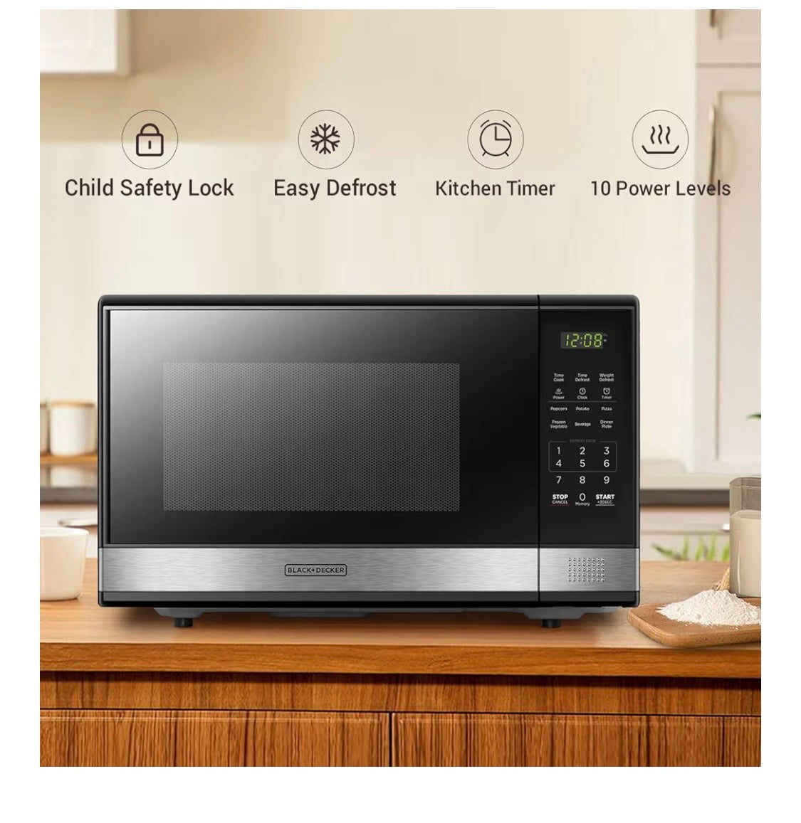 BLACK+DECKER EM031MNR – X2 ￼ Digital Microwave Oven with Turntable Push-Button Door, Child Safety Lock, 1000W, 1.1cu.ft, Black & Stainless Steel, 1.1 Cu.ft