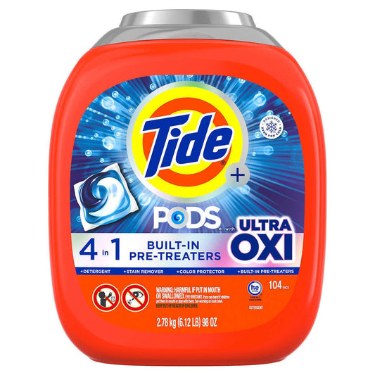 Tide pods, OxiClean, four and one