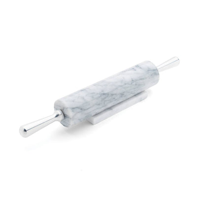 MARBLE ROLLING PIN AND BASE WITH ALUMINUM HANDLES, WHITE
