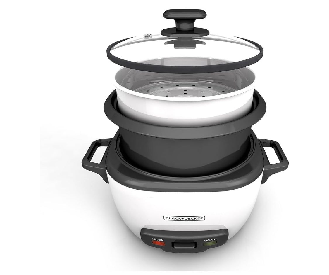 BLACK+DECKER 16-Cup Rice Cooker, 8-Cup Uncooked Rice, Steaming Basket, Removable Non-Stick Bowl, One Touch, Keep Warm
