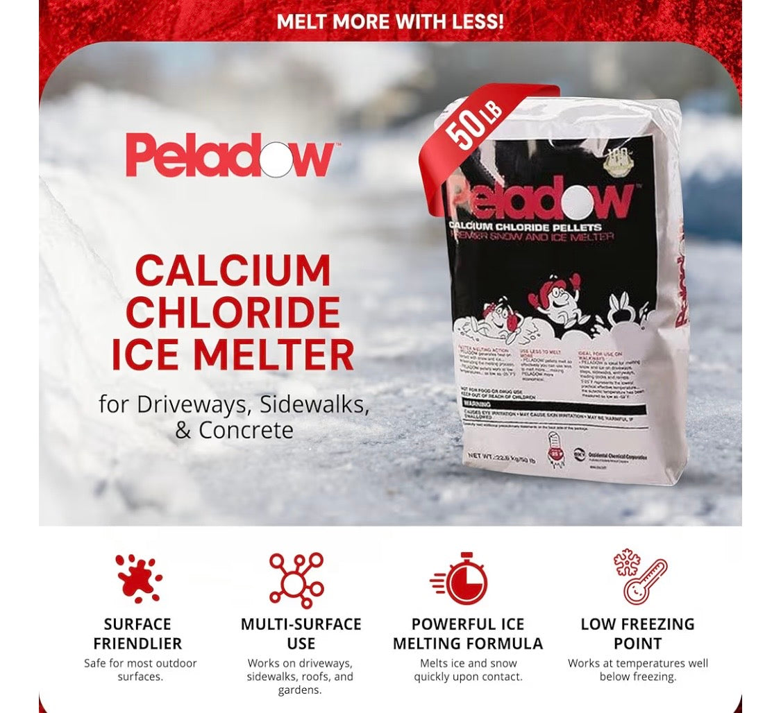 PELADOW CALCIUM PELLETS – 50 LB BAG Calcium Chloride Pellets Snow and Ice Melter