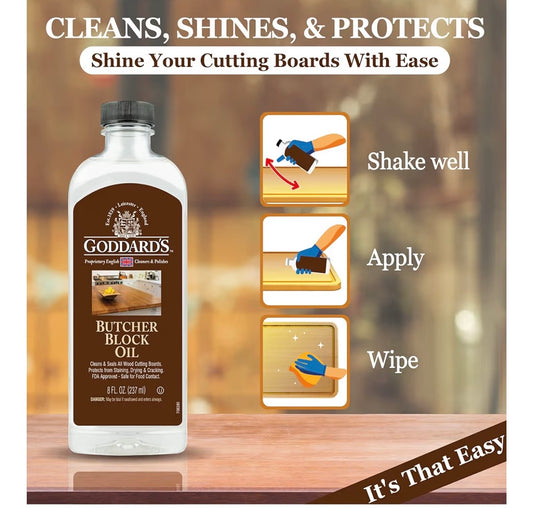 Goddard's Butcher Block Oil - Food Grade Mineral Oil for Wood Cutting Board, Clean & Hydrate Wooden Kitchen Utensils, 8 ounces