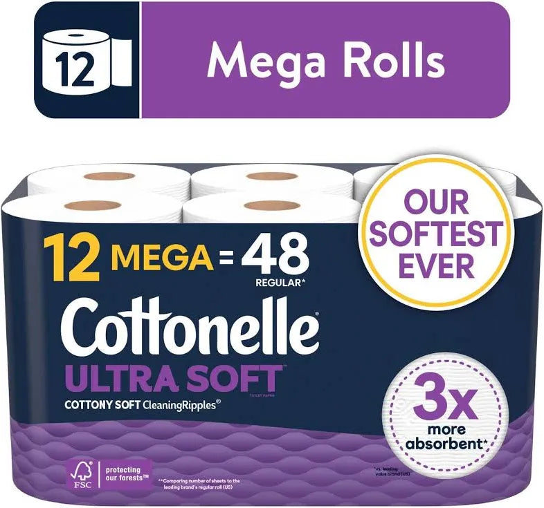 Cottonelle Ultra Soft Toilet Paper, Strong Toilet Tissue, 12 Mega Rolls 12=48