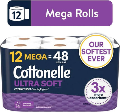 Cottonelle Ultra Soft Toilet Paper, Strong Toilet Tissue, 12 Mega Rolls 12=48