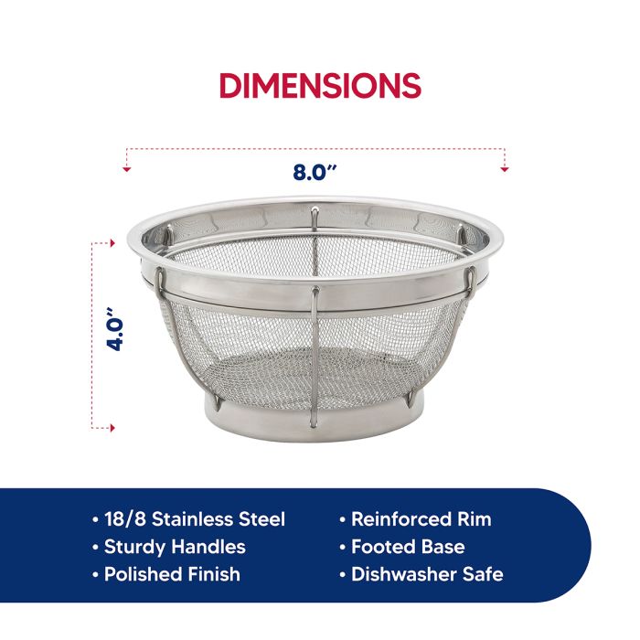 HIC Kitchen Reinforced Mesh Colander, Stainless Steel, 8in