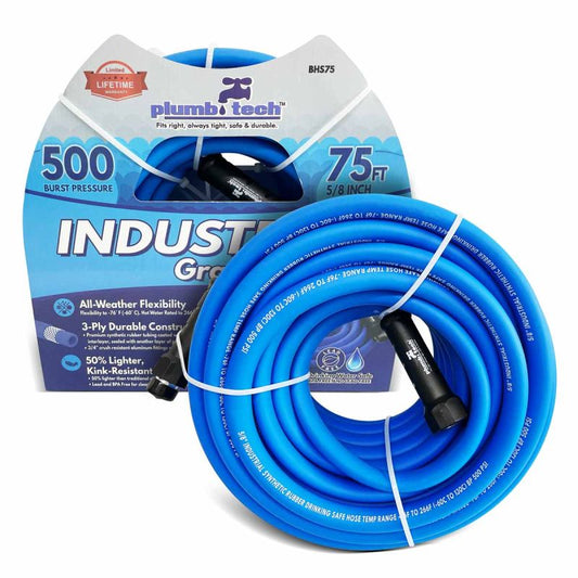 5/8" x 75' Industrial Grade Dual-Purpose Blue Synthetic Rubber Hose, BPA Free for Safe Drinking, 500 PSI Burst Pressure