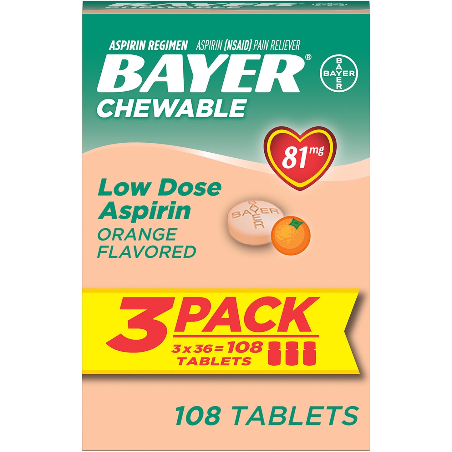BAYER three pack, original flavor, pain, relief