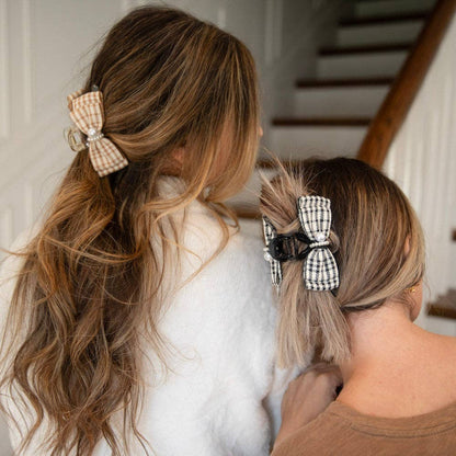 Large Pearl Hair Clip – Tan Checkered